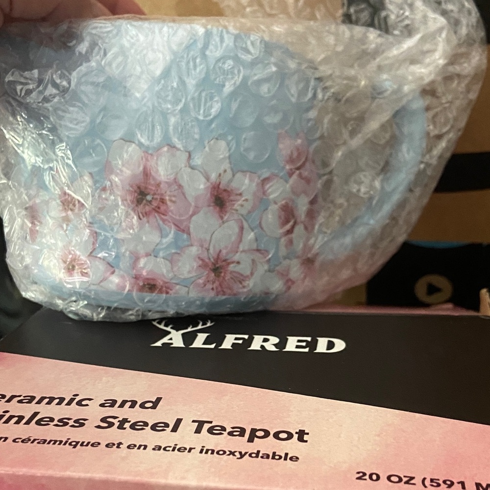 Alfred Pale Blue Ceramic Teapot with Pink Blossom Motif
